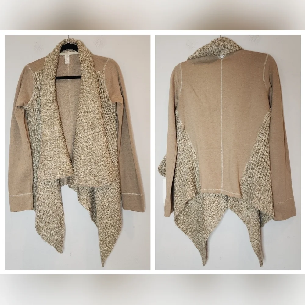 Prana wool-blend tan demure drape cardigan. Women's size medium